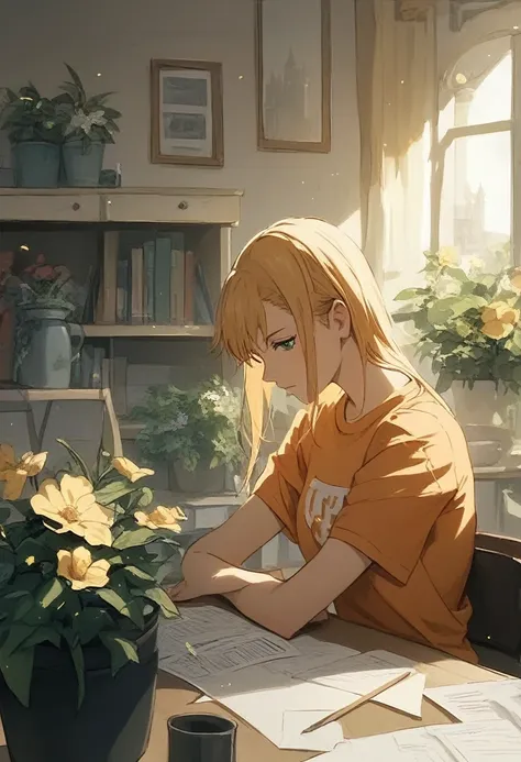 (masterpiece) (ultra_detailed) (best quality) shinomiya kikoru , wearing light orange t-shirt , doing homework at a desk , room ...