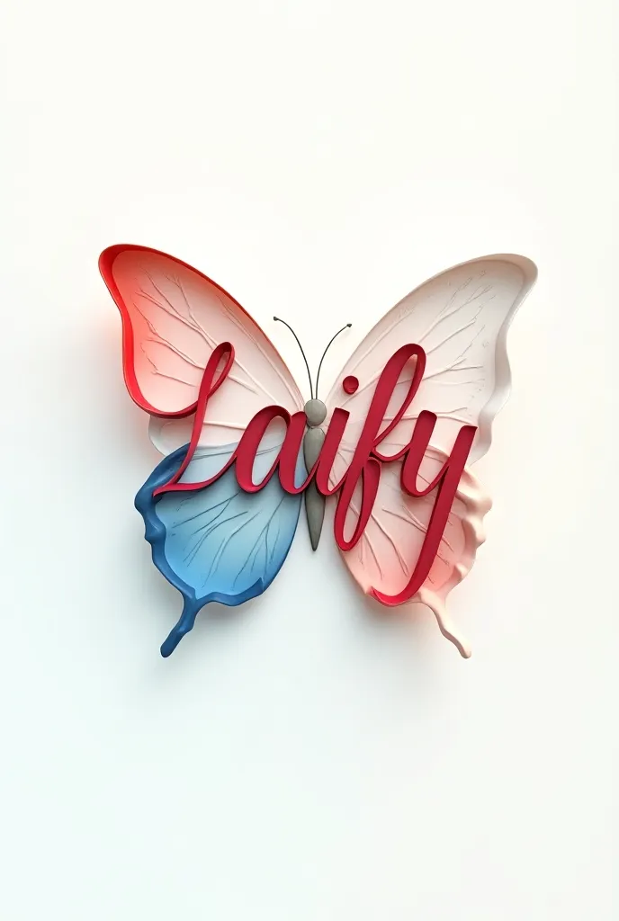 Design the name Laify in script , cursive letter inside a butterfly, colors red,blue and white.