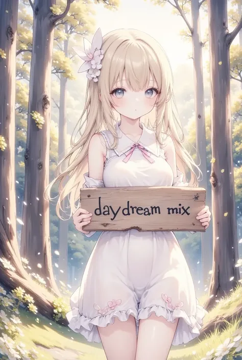 1 girl,solo,(((having a wood sign saying"Daydream Mix")))