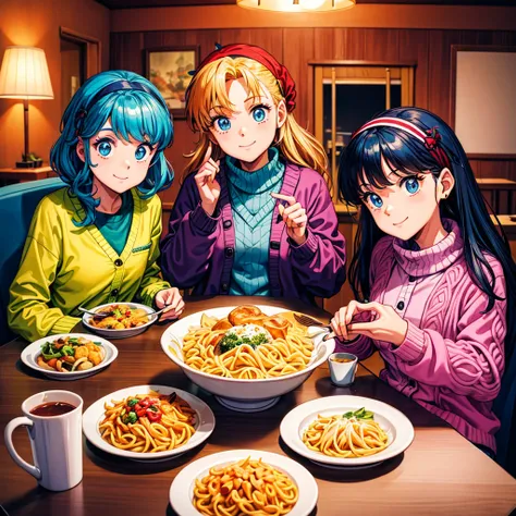 three women. inside.home.room (8k) .night . selfee. dinner. pasta.  colorful. cardigan. winter.  smile.  sit .table. jaket.headb...