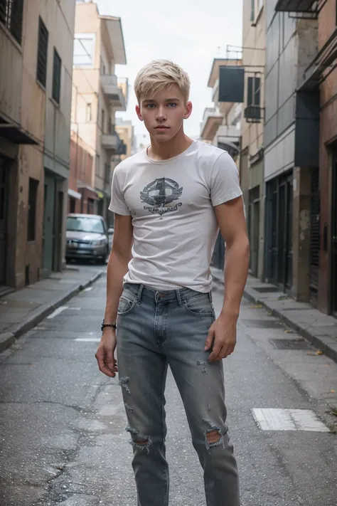 full body picture of a cute boy, 15 y/o,  handsome, cute, sexy, neutral expression, with blond hair parted in middle, shoulder l...