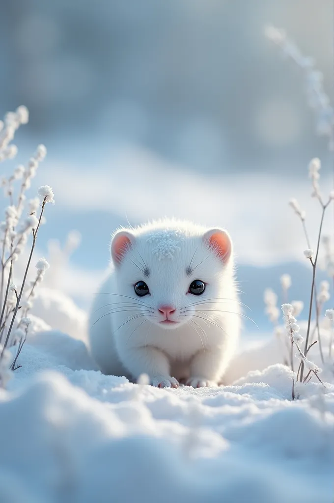 a small albino weasel peeking out from a snowy field, with white fur covered in snowflakes, round eyes watching cautiously, small ears perked up, ready to retreat at the first sign of danger, (best quality,4k,8k,highres,masterpiece:1.2),ultra-detailed,(realistic,photorealistic,photo-realistic:1.37),highly detailed, intricate, incredibly lifelike, soft lighting, natural tones, serene winter landscape