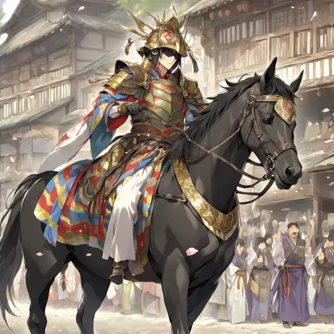 owerful horse through a lively town during the Sengoku period. Keiji Maeda is dressed in an elaborate and colorful kimono with bold and vivid patterns in shades of red, purple, and gold, demonstrating his extravagant and fearless personality. He wears an o...