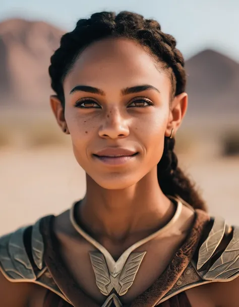 cinematic photo a closeup portait of  (( she live hidden in the desert)),  elf, elf ears, brown skin, an average face, (upper bo...