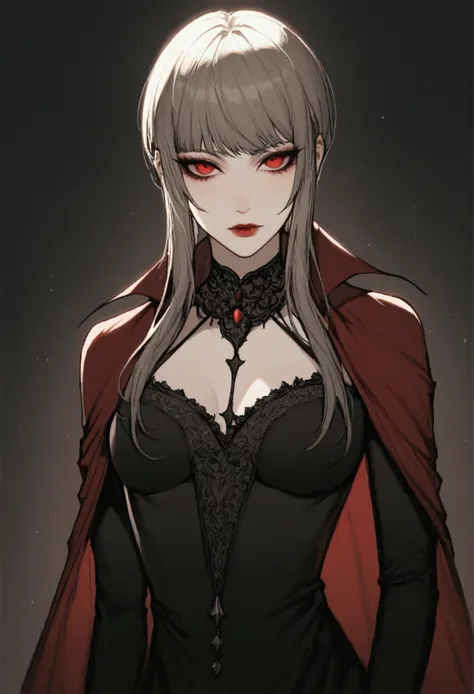 a close up of a woman in a black dress with a red cape, a character portrait by yang j, pixiv, gothic art, dark sorceress, andro...