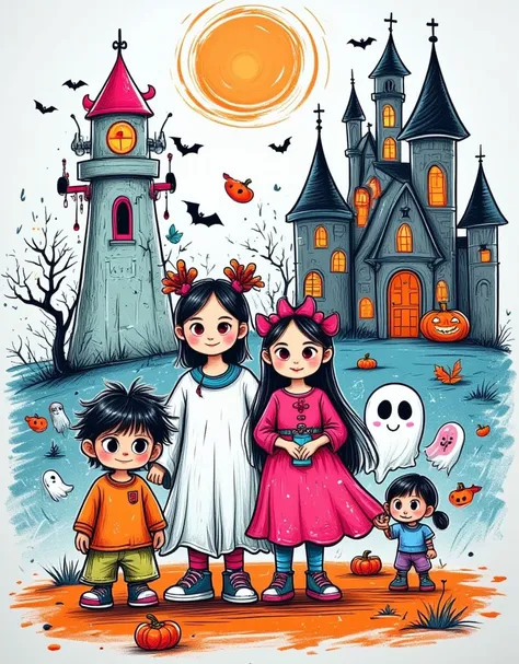 halloween night， the kids are wearing all kinds of costumes ，wearing a mask，carrying a pumpkin lantern， cheerfully knocking door...