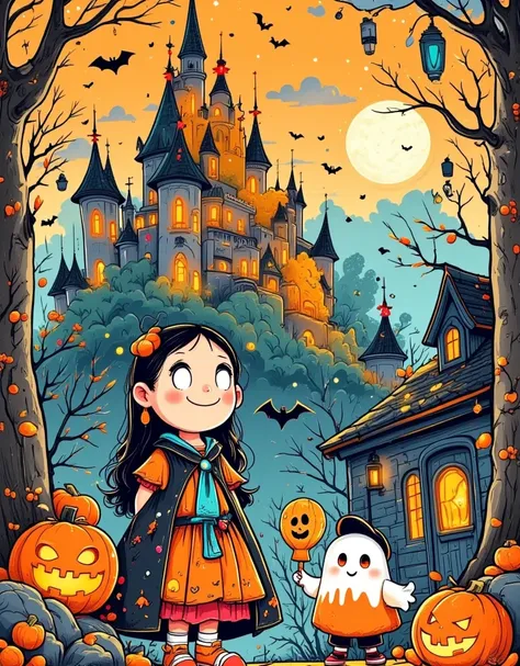 halloween night， the kids are wearing all kinds of costumes ，wearing a mask，carrying a pumpkin lantern， cheerfully knocking door...