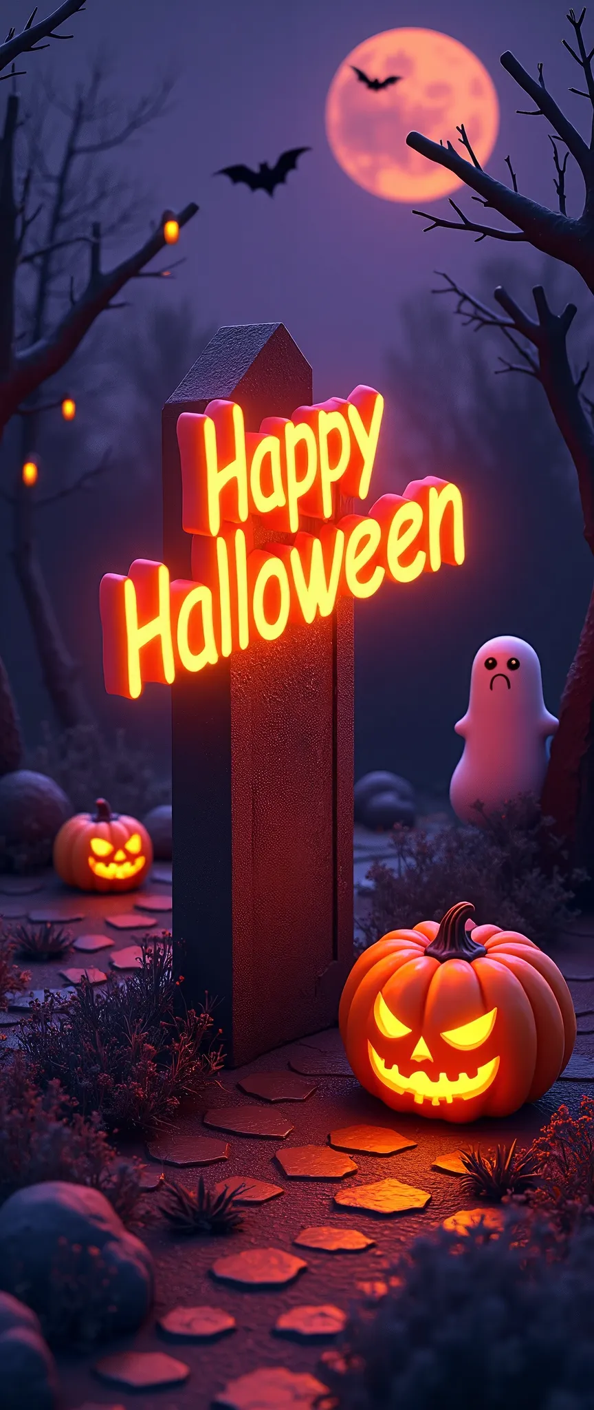 (masterpiece:1.2,Exceptional Quality,Mirror-like,Cinematic Experience, photorealistic:2.0,RAW Photos:2.0),8k,wallpaper, Halloween ,(Grave:2.0),( Jack O Lantern:2.0),(Ghost:2.0),(bat:2.0),(The design is based on orange, black and purple:2.0),(Beautiful gradient 2 .0),( 3D isometric illustration :2.0),("Happy Halloween"Text that looks like a melted candle:2.0)