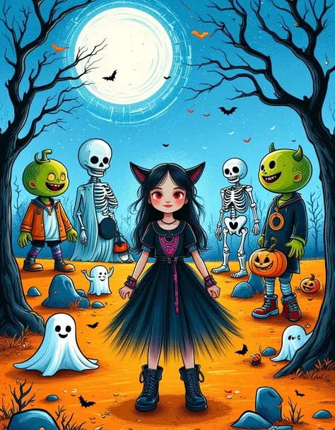 generate a landscape image filled with classic halloween elements. in the foreground, feature a friendly ghost, a shiny black ca...