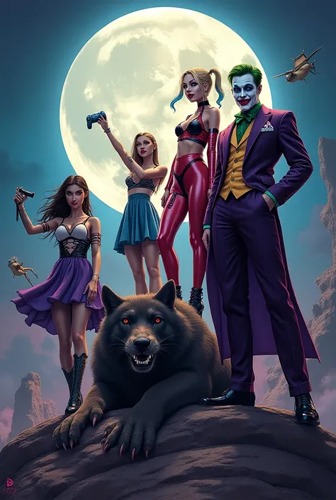 genere moi une image avec joker avec harley quinn en bleu et rose a droite , une femme demon , une femme avec une manette PlayStation, une femme avec une marmotte dans les bras , un loup , une lune en fond et ecrit moi joker team
