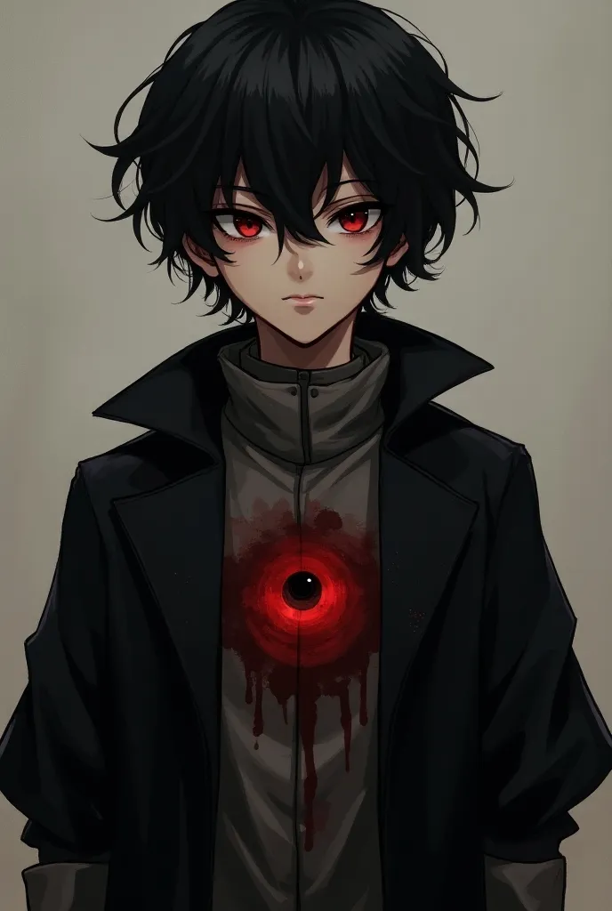 A berserk-style character, Trans man, shorth hair, but at neck height, he is very effeminate, He has 1,50 tall, dark eyes and black hair and he wears an overcoat, mid curly hair, on the chest of the coat there is a red eye