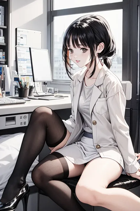 hospital、 sit on a chair、Black Hair、Woman in her 30s、 ponytail、 white shirt 、 black tight miniskirt、 white underwear、 Black Pantyhose 、 Black High Heels、White Lab Coat、Spread your legs
one woman 