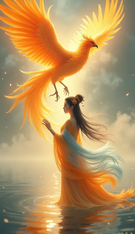  A beautiful Chinese girl standing on the water,  hazy reflection ,  A giant phoenix bird in the sky , magic】, fantasy, dynamic poses,  composed of colorful glowing flames , delicate face,  Exquisite Eyes ,  Black and gold long hair ,  body amber 、 sky blu...