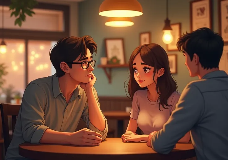 "A couple is sitting together at a cozy cafe. The male partner subtly mentions an ex-partner or someone attractive, while the female partner listens. Her facial expression is calm, but observant. The scene captures the moment he is talking, with a light-he...