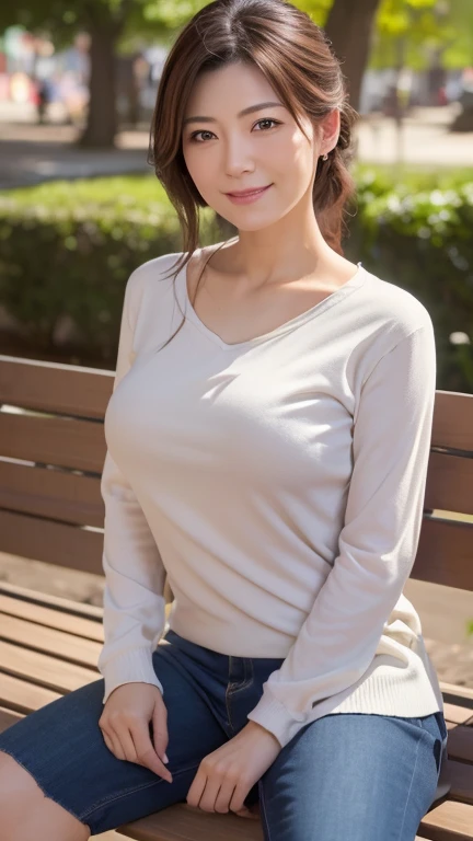 ((Best Quality)), ((8k)), ((masterpiece: 1.3)), (Perfect Look), ( Photorealism : 1.6), (JMA), (Ain), (Japanese Mature), (Mature woman sitting on a park bench),Knit shirt,One mature woman,wife,street,Best Quality,masterpiece, Extremely Delicate and Beautifu...