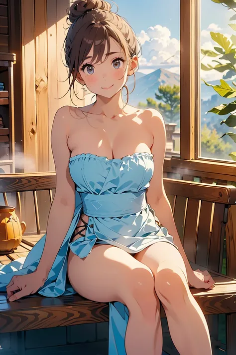 (1 Female only):1.5, (sauna:1.3), (whole body:1.3), (bun hair, dark brown hair), (highest quality, Photoreal:1.4, table top:1.3, RAW photo:1.2, cinematic light, highly detailed illustrations), (A very carefully drawn face, Super beautiful maid, super delic...