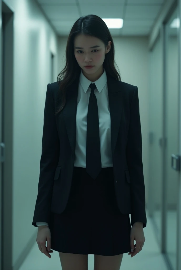 Girl brainwashed to wear a business suit and tie and skirt