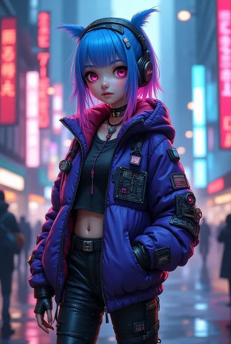  Full body futuristic-themed character with blue pink hair and high-tech clothing .  This character wears a parachute purple jacket decorated with various electronic technologies and patches ,  including The character also wears a high-tech headset and a c...