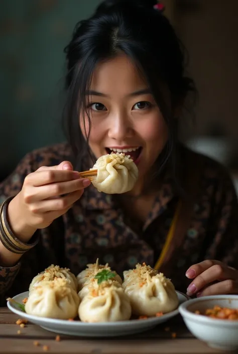 Ugly asian girl eating momos 