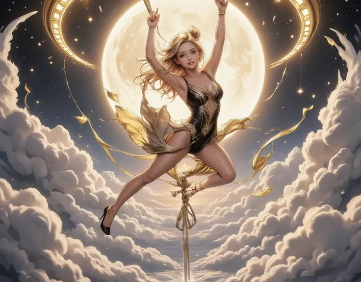 a female trapeze performer in a circus show among the clouds, it, there are moon and stars,, flying in mid air, extraordinary be...