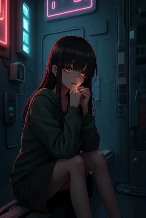 Tan anime girl with brown hair smoking a cigarette in a dark room, cyberpunk art style, digital cyberpunk anime art, anime cyberpunk art, cyberpunk anime art, cyberpunk horror style, cyberpunk character art, dark cyberpunk illustration, female cyberpunk an...