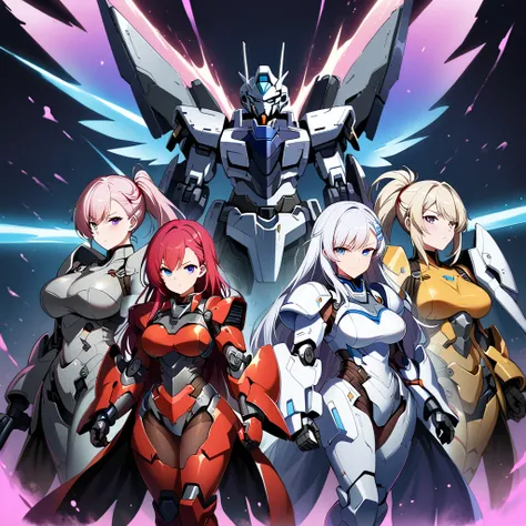 anime, high detailed, multiple womans, mature womans, mecha armor, large mechanical wings, large gauntlet, serious, curvy body, ...