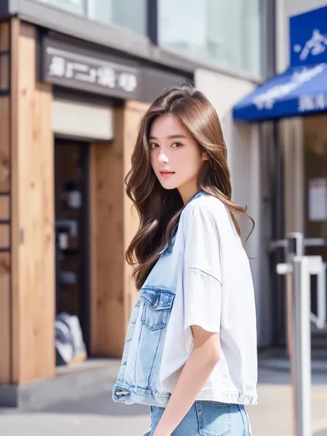 A woman with pretty long brown hair, round eyes, a slender face like a model, wearing a white T-shirt, wearing a blue denim jacket, wearing a denim miniskirt, wearing white short socks, wearing white sneakers, standing in front of a Japanese restaurant, fa...