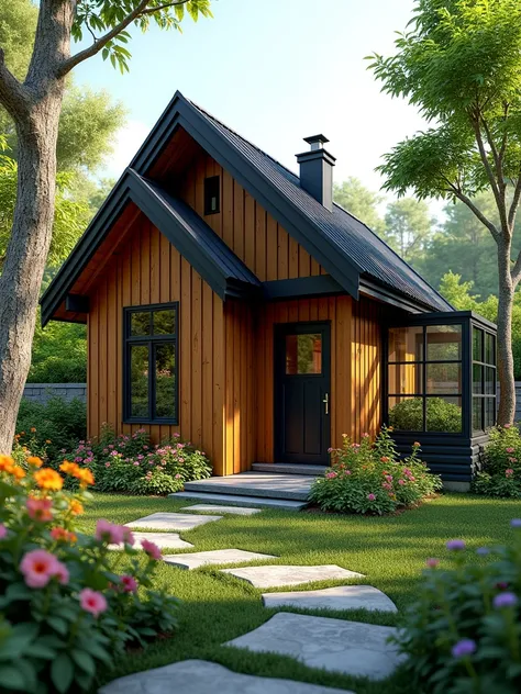 Create the image of a rustic wooden house with modern black details, in this house I want a backyard with trees, plants, flowers, a glass place with plantations