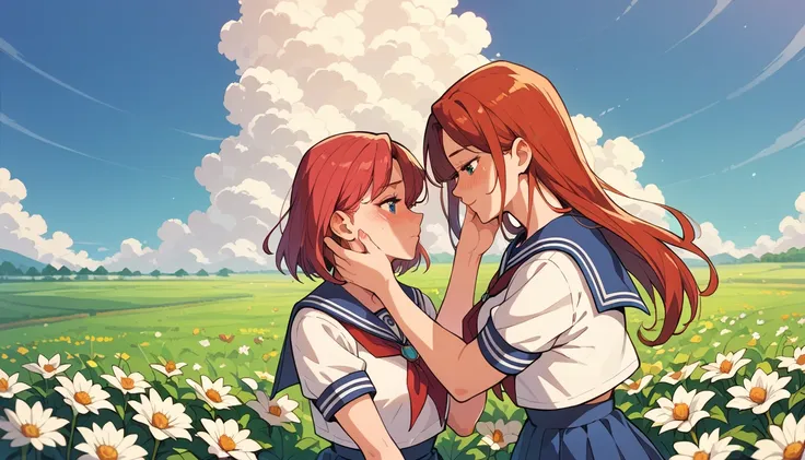 2girls, sailor uniform, hand on other's face, flower fields, yuri, cowboy shot, focused, blushing, exquisite, high quality, best...