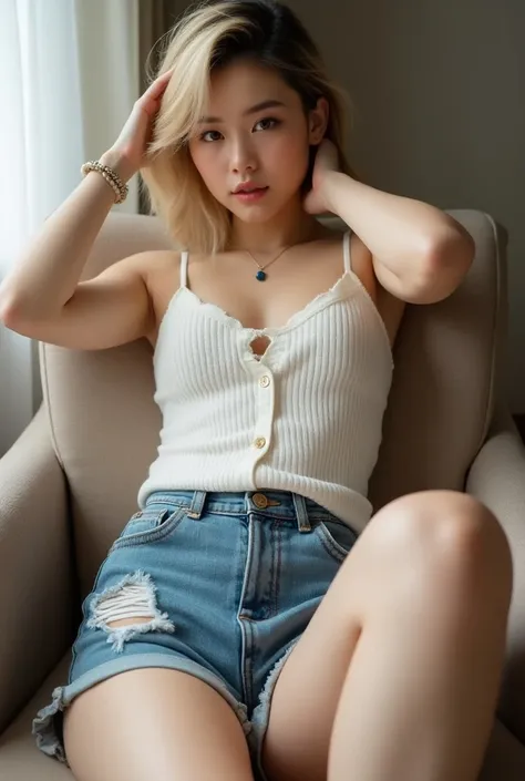 Cute Japanese girl relaxing on a chair ，(((( spread his legs:3.8))))，(((  spread your legs :3.0)))，Physically mature 、((片方の膝を立てて spread your legs座っている))，((short micro jeans:3.0))，((((Ultra low rise hot pants:3.0))))，((((The underbelly is exposed))))，((Very...