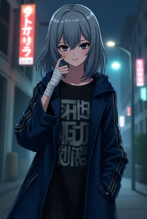 Gray Hair, medium hair,Black Eyes,Dark circles under the eyes, long t-shirt with a white pattern on a black base ,The bottom is an indigo blue long jacket , wearing a hooded long coat with a black base and white lines,Neutral,cool,Villain,beautiful girl,I ...