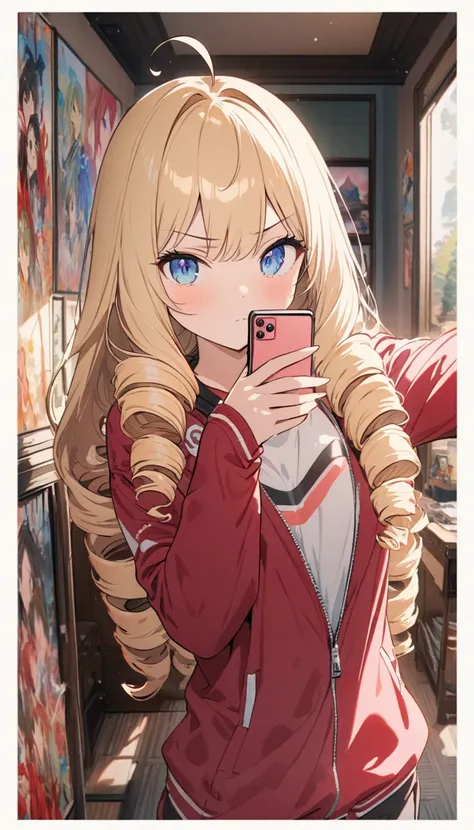 woman,,  WATCH VIEWERS , Long Hair, Ahoge, blonde, Drill Hair,  blue eyes ,  Oblique Eyes, Serious face,  maroon zippered sportswear , Selfie pose、Have a smartphone, Inside the room、,   upper body、  a room full of Japanese anime posters, Speedy Shot,  top ...