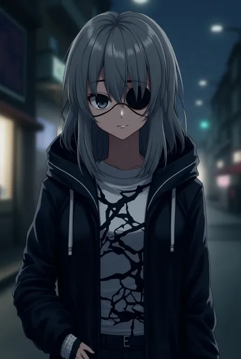 Gray Hair, medium hair,Black Eyes,Dark circles under the eyes, long t-shirt with a white pattern on a black base ,The bottom is an indigo blue long jacket , wearing a hooded long coat with a black base and white lines,Neutral,cool,Villain,beautiful girl,I ...