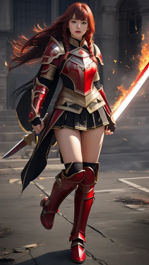  very beautiful woman 、 Slender Woman 、(Detailed face)、Realistic Skin、((K Knight  of Fire)), (((Red Armor:1.25)))、(((( black armor with very fine and elaborate decorations))))、((Delicate photo))，( Girl Apheses RAW Photo Details:1.25), (Best Quality:1.6), (...