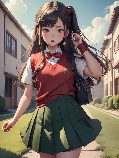 masterpiece, best quality, highres, aaitsuki, long hair, ahoge, star hair ornament, school uniform, red sweater, sweater vest, short sleeves, green skirt, pleated skirt, wariza, grass, building, :o