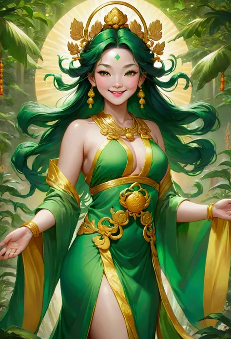 在a patch of green的草地上,a golden yao goddess, mirota breaks her smiling expression, break behind her, a patch of green