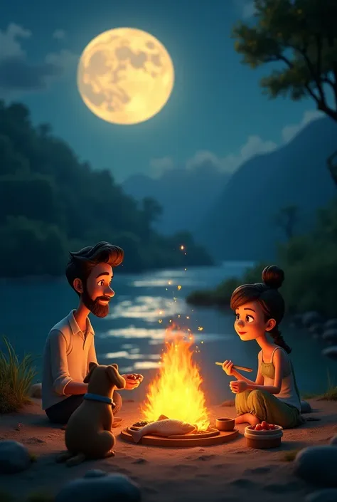 a man, a woman and a  eating fish at the bonfire by the river illuminated by a big moon; 3d,  cartoon style , cinematic