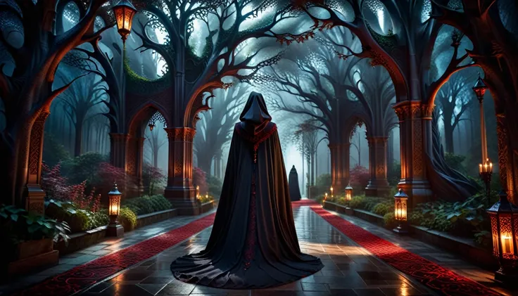 hdr, 24k, clear night, dramatic low-angle shot: a woman, shrouded in a deep crimson hood, black medieval dress, luxurious hood, ...