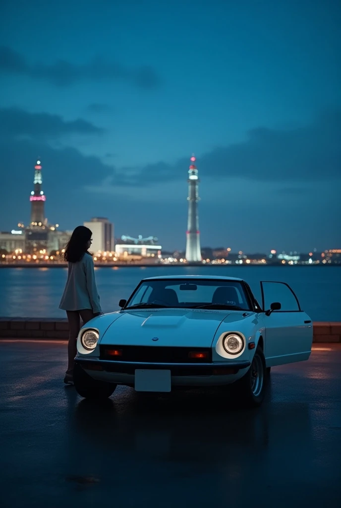 **Scene Description:**
- **Setting:** A parking lot along Tokyo Bay, with the fantastical lights of the chemical complex visible across the water. A mesmerizing pre-dawn scene unfolds.
- **Sky:** Stars glowing in pre-dawn hues illuminate the midnight blue ...