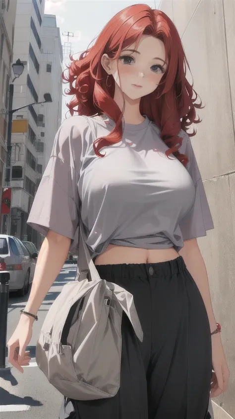 busty curly haired red head wearing plain shapeless baggy loose untucked grey shirt and pants