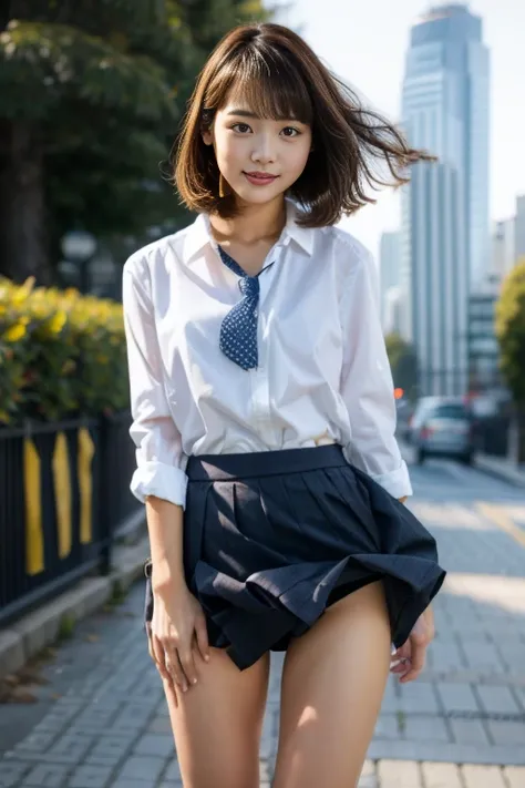 ( best quality , 8k), A strong wind is blowing, Office District,  pleated miniskirt, (The skirt is flipped up:1.1),  sexy panties, Saki Aibu, 