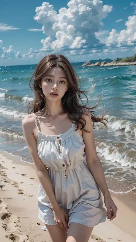 1 woman 40 years old、((bright brown hair))、curl hair、the wind is blowing strongly、sandy beach with strong sunlight、thin fabric d...