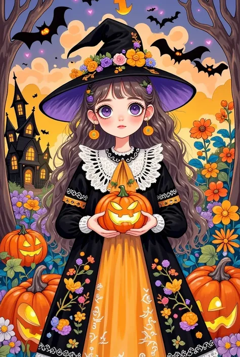 the detailed painting ， depicts a girl in a witch costume holding a pumpkin, the j , tumblr, gothic art, halloween art style, ha...