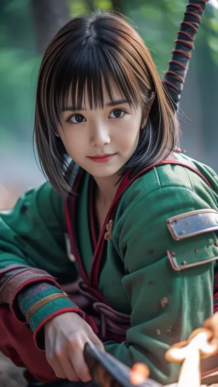 (Close up portrait of one slender small breast round face brown short hair with bangs girl in a green colored dirty armor warrior as samurai in Japan :1.5)、(One girl take a rest near the bonfire on the wilderness land in old Japan with dirty little smile:1...