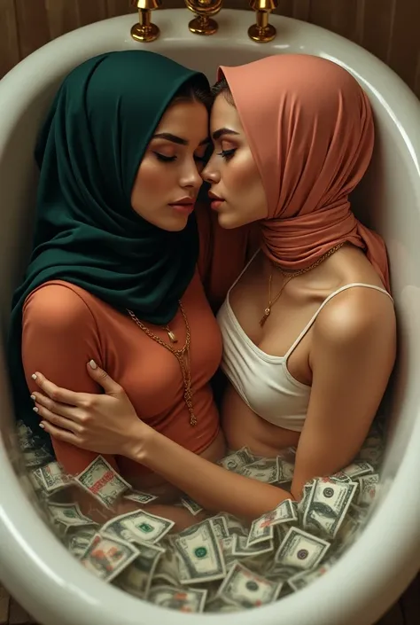 deux Femme en hijab et crop top s’embrasse dans une baignoire de billet de banque 