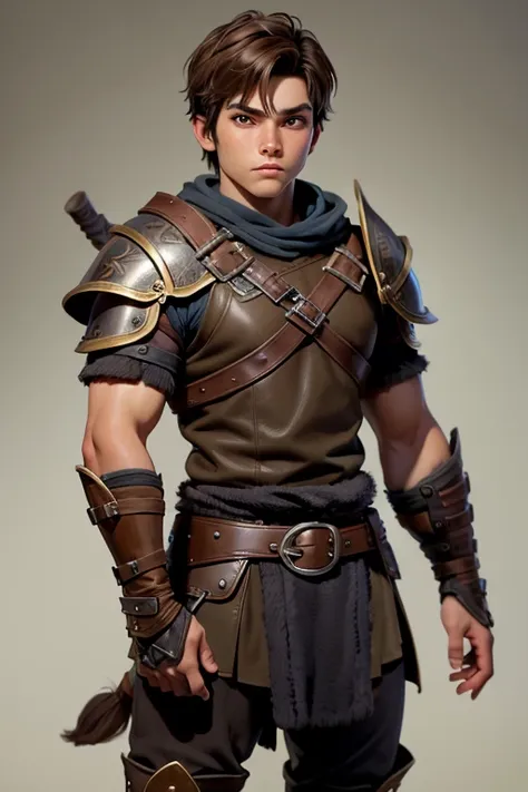 viking, boy warrior with short brown hair and brown eyes in leather armor. no background.