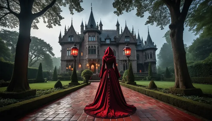 hdr, 24k, clear night, dramatic low-angle shot: a woman, tight medieval dress, luxurious red hood, celtic gothic witch (with her...