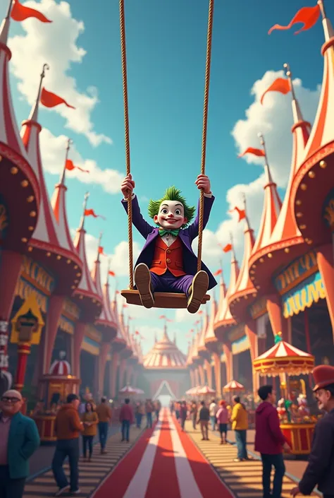 a circus event, circus tents, cradle, jokers, swings , joker on swings, toys arounds, realistic,