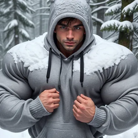 a very handsome, muscular, wearing a gray sweatshirt, in a snowy forest, snowing covered in snow, seen up close