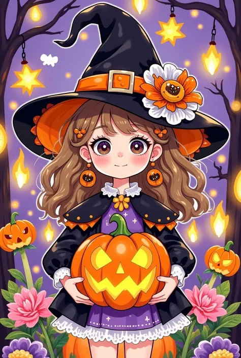 漫画书封面title为 "恐怖可爱halloween!", title, "恐怖可爱halloween!,  a cartoon girl in a witch costume holding a pumpkin, portrait of elaine h...